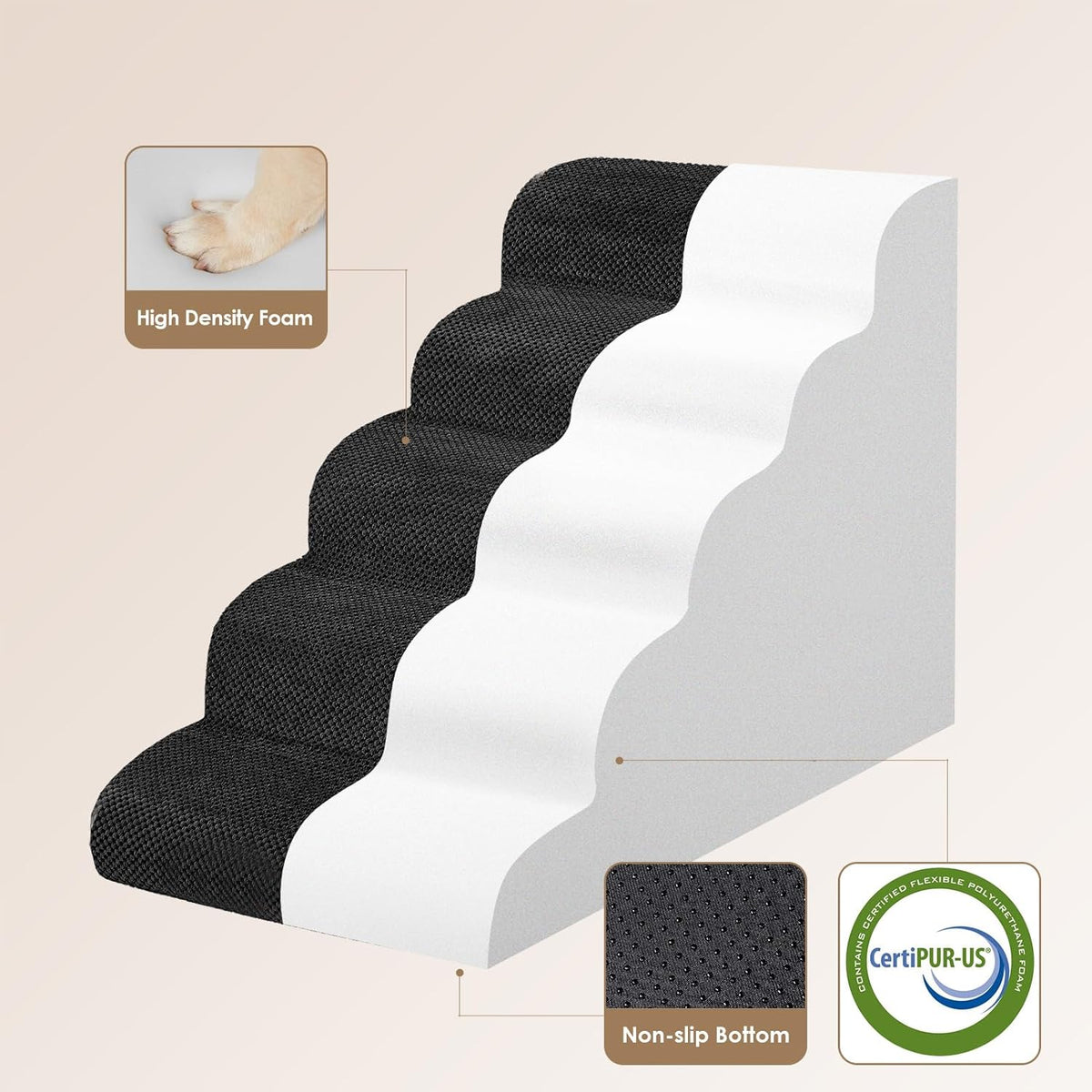 EHEYCIGA Curved Dog Stairs Ramp for High Beds, 5-Step Extra Wide Dog Steps for Small Dogs and Cats, Pet Stairs for High Bed Climbing, Non-Slip Balanced Pet Step Indoor, Black