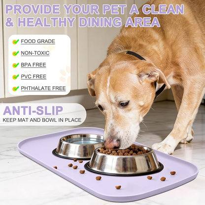 SMILOOL Waterproof Silicone Pet Food Mat with Raised Edge for Dog & Cat | 22" x 14" Non-Slip Pet Feeding Mats with Lip for Food & Water Bowl, Food Grade, Easy Cleaning, Light Purple