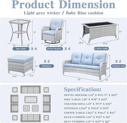 Belord Wicker Patio Furniture Sets - 13 Piece Outdoor Rattan Furniture Conversation Sets with 4 Swivel Rocker Chairs, 2 Rattan Sofas, Wicker Ottomans and Coffee Table, Light Grey/Baby Blue