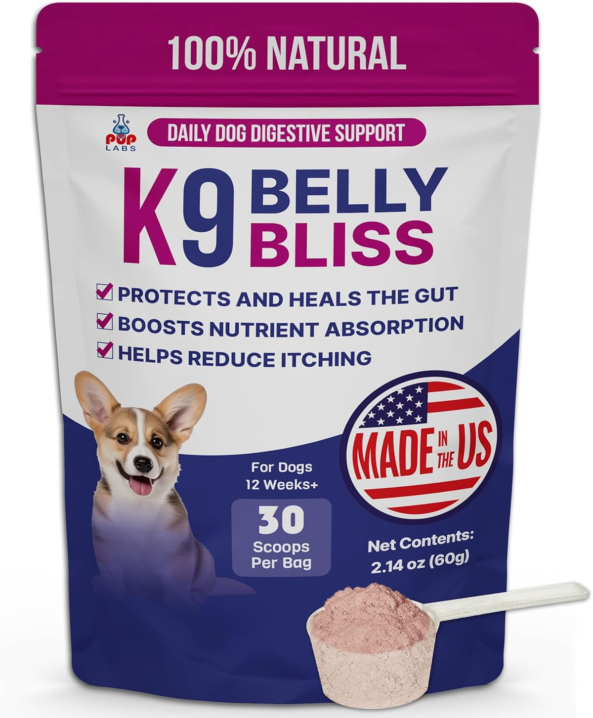 K9 Belly Bliss, All-Natural Gut Health for Dogs, Vet Approved Prebiotic for Dogs for Daily Digestive Support and Dog Constipation Relief, Easy to Use Topper for Dry and Wet Food, 30 Scoops.