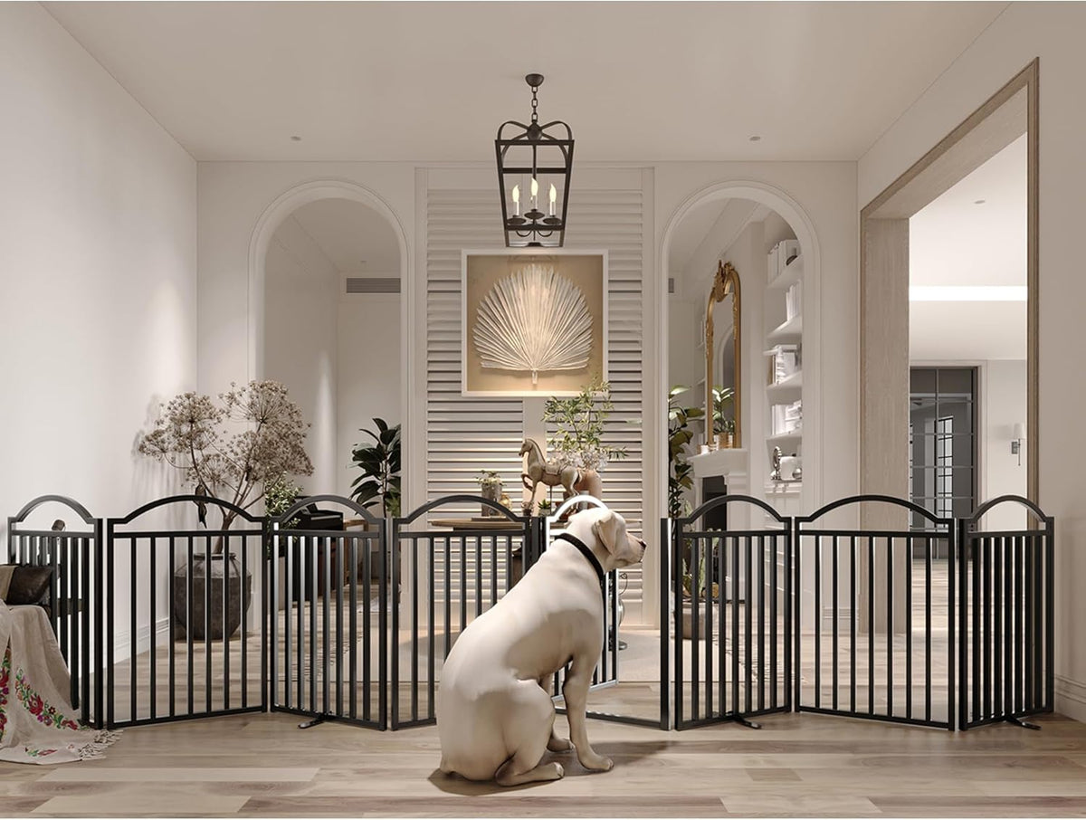 BHG Metal No-Assembly Freestanding Dog Gate with Door Walk Through, Extra Wide 96", Extra Tall 32" Pet Gate, Accordion Puppy Folding Playpen Dog Fence, with 2PCS Support (Black, 8 Panels)