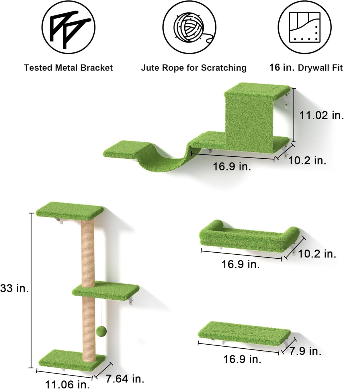 FUKUMARU Cat Wall Shelves, Stable & Safe 4 in 1 Cat Furniture Set, Wooden Climbing Wall with Scratching Post, Bridge and Bed, Stylish Jungle Gym for 16 Inch Drywall - Green