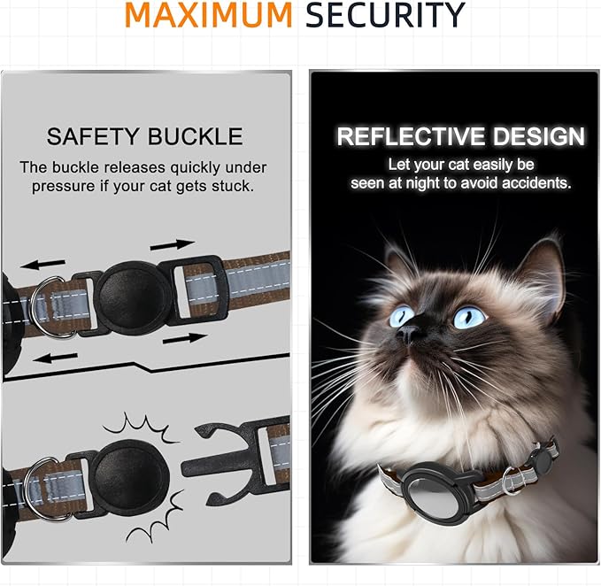 Airtag Cat Collar Breakaway, Odokele Reflective Cats Collars with Apple Air Tag Holder for Kitten, Cat GPS Tracker Adjustable Collars with Safety Quick Release Buckle for Kitties and Puppies - Coffee