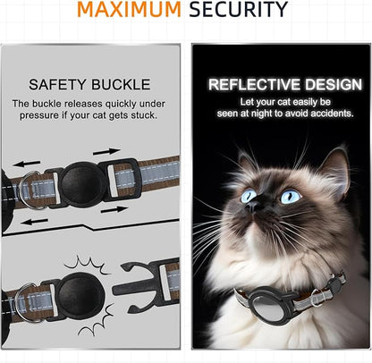 Airtag Cat Collar Breakaway, Odokele Reflective Cats Collars with Apple Air Tag Holder for Kitten, Cat GPS Tracker Adjustable Collars with Safety Quick Release Buckle for Kitties and Puppies - Coffee
