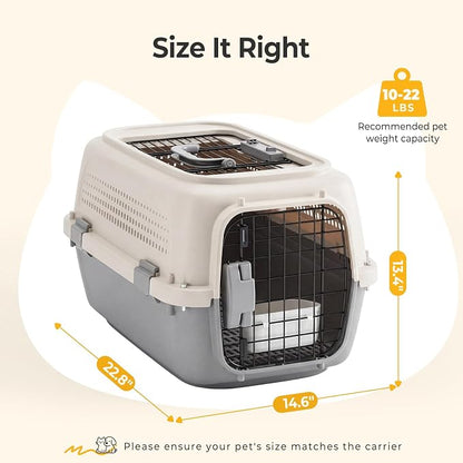 NEWBULIG 23" Hard-Sided Dog Carrier, Plastic Cat & Dog Crate, 4-Sided Ventilation Travel Pet Kennel, Top & Front Door Access, Integrated Food Bowl, for Small Pets up to 22 lbs - Beige & Grey