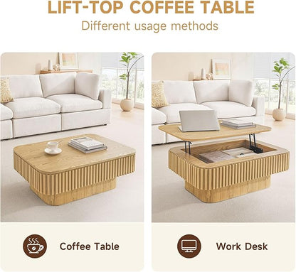 SZTHHDF Lift Top Coffee Table for Living Room,Rectangle Handmade Solid Wood Strips, Fluted Coffee Table with Hidden Storage Compartment Small Space Office Apartment (38.6" L×26.8''W×13.8''H-Natural)