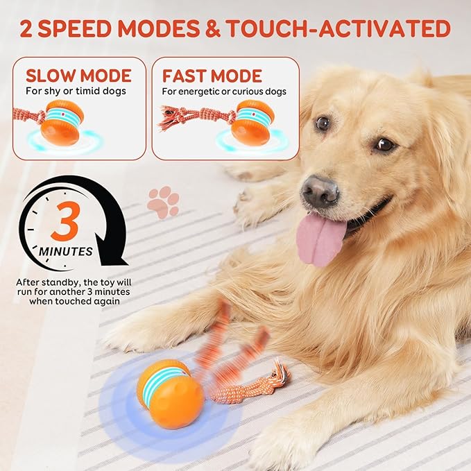 Interactive Dog Toys, Random Path Electric Automatic Moving and Rolling Dogs Toy with Rope for Small Medium Large Dogs, Motion-Activated Dog Stimulation Toy for Boredom Relief (Orange)