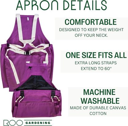 Roo Gardening Apron with Pockets & Harvesting, Picking Pouch - Adjustable, Water-resistant, Washable Canvas Cotton