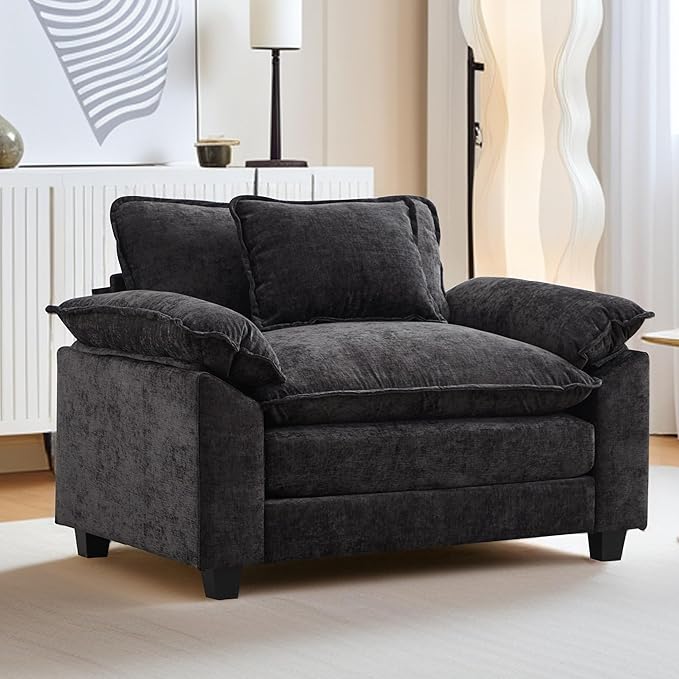 URRED Modular Sectional Sofa Comfy Cloud Couch, Modern Chenille Sofa Sleeper Deep Seat Couches with Ottoman/Pillows for Living Room (Black, 53'')
