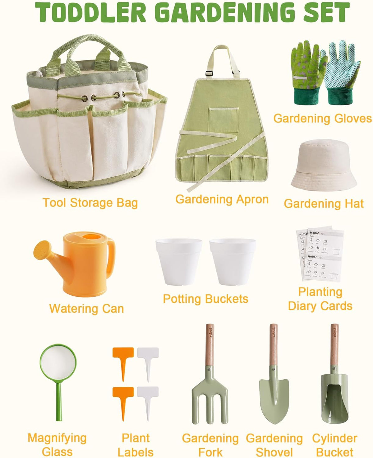 ROBUD Kid Gardening Set, Wooden Garden Tool for Kid, Garden Tool Kit with Tool Storage Bag, Apron, Gloves, Montessori Toys for Kids to be Closed to Nature, WRP25