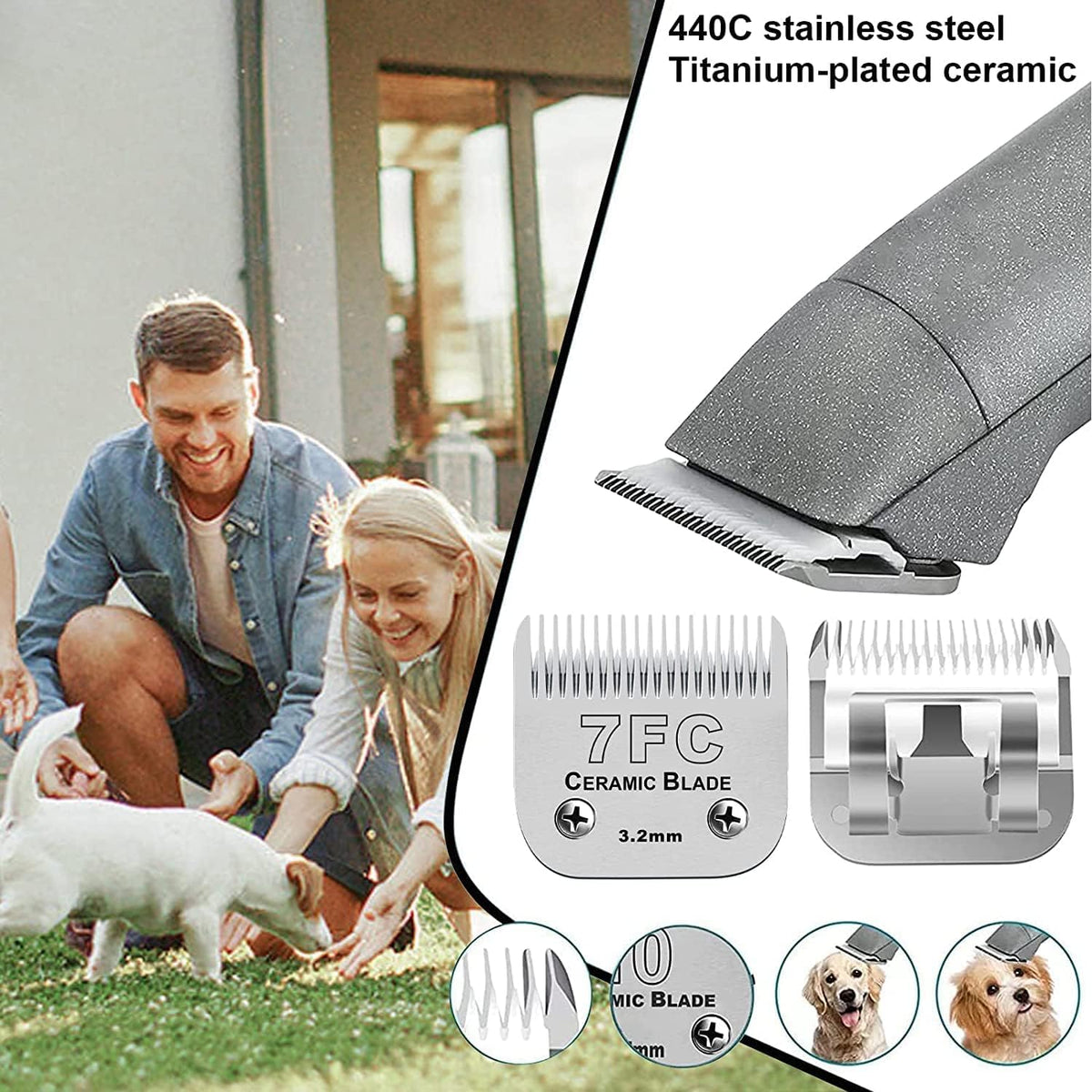 3pcs 7FC Blades Dog Grooming Replacement Blades Compatible with Andis Dog Clipper,Ceramic Blade & Stainless Steel Blade