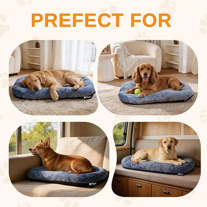 Washable Oval Large Dog Bed, Silver-Tipped High-Resilience, Dusty Blue | Non-Slip Bottom Prevents Sliding, Soft Plush Short Fur, Machine Washable, Ideal for Crates/Apartments/Cozy Nooks,35"x22"x3.2"