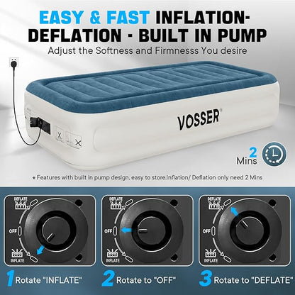 VOSSER Twin Air Mattress with Built-in Pump,Fast & Easy Inflation/Deflation Inflatable Mattress, Foldable Blow Up Mattress with Storage Bag, Inflatable Bed for Home, Camping & Guests