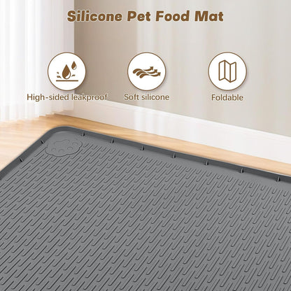 Cat Food Mat, 40" x 28" Extra Large Silicone Pet Feeding Mat with Raised Edge Pet Placemat for Food and Water Bowl Non-Slip, Easy to Clean, Floor Protection (Dark Grey)