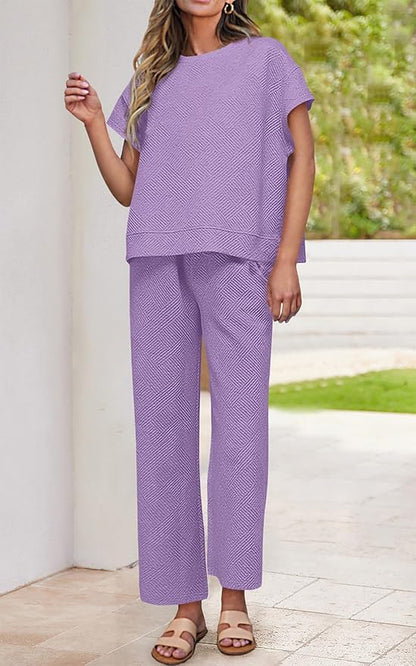 PRETTYGARDEN 2 Piece Outfits For Women Casual Tracksuit Short Sleeve Tops And Wide Leg Long Pants Matching Lounge Sets
