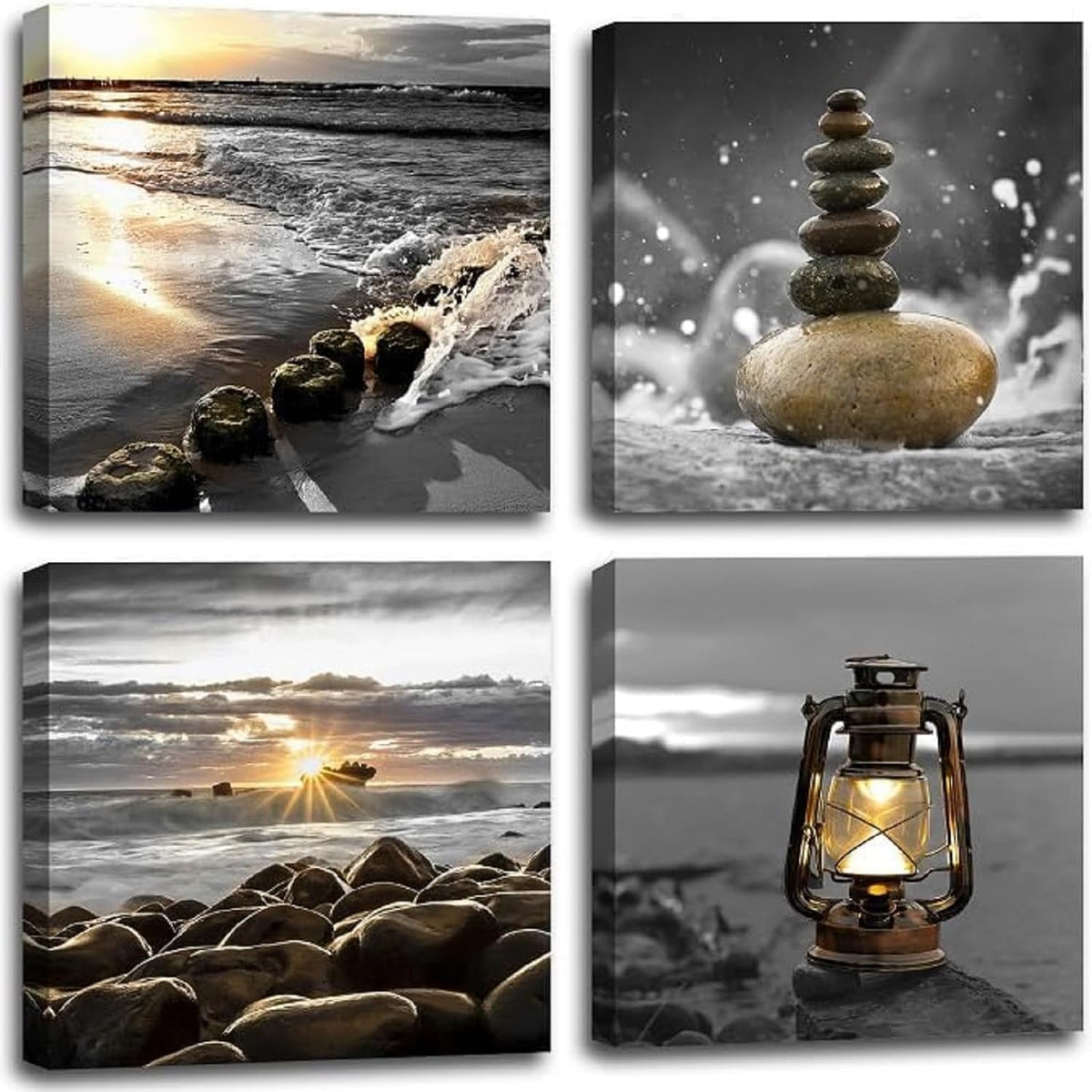 Yxbhhym-Canvas Zen Décor Black and White Beach Wall Art Ocean Poste Seascape Picture Print Sunset Scenery Painting Artwork for Living Room Wall Decor Bedroom Bathroom Wall Home Decorations Framed