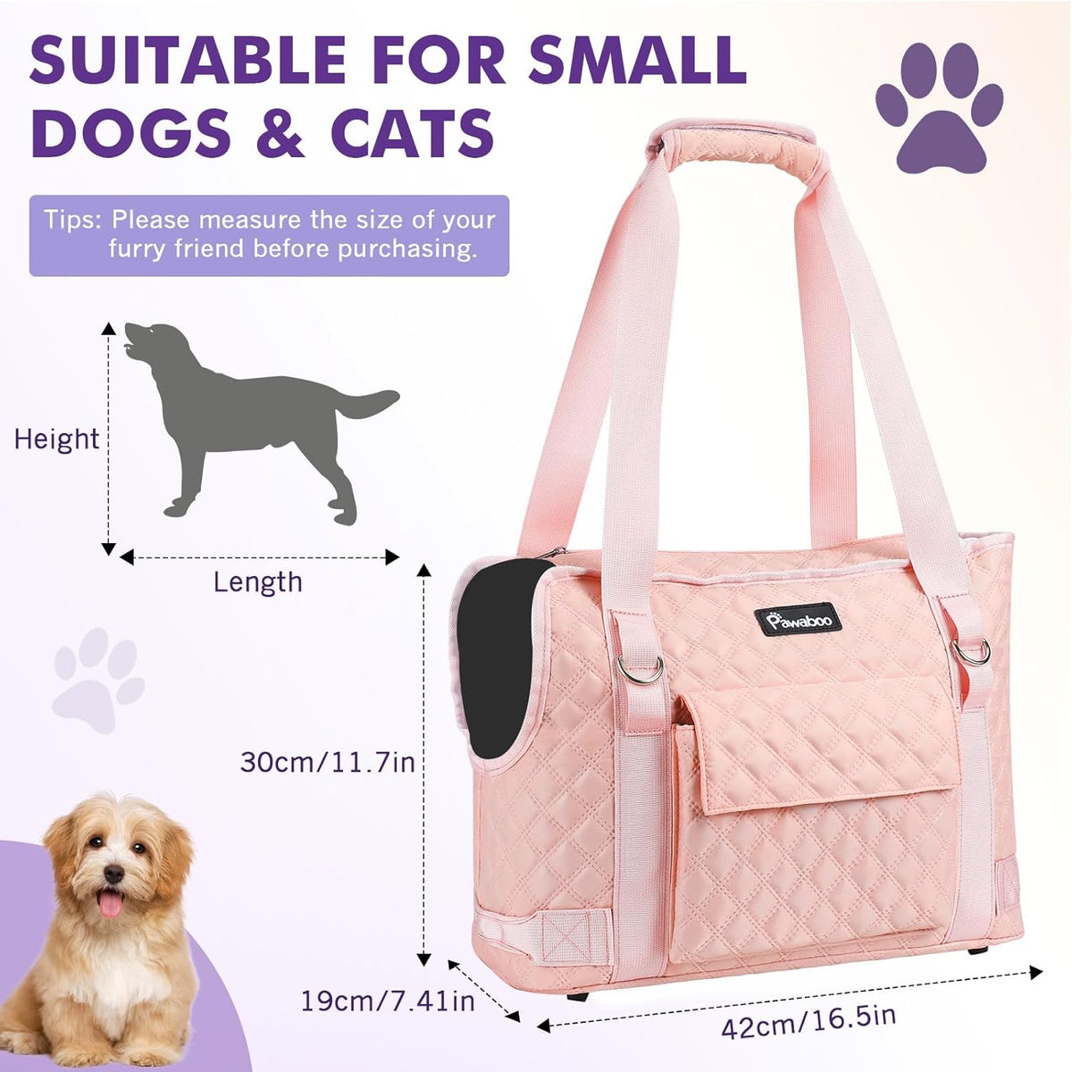 Pawaboo Dog Purse Carrier for Small Dogs with Pocket, Lightweight Dogs and Puppies Tote Bag Carrier, Dog Carriers Soft Sided for Puppy Cat Rabbit, Shopping Travel Puppy Carriers Under 11 LBS, Pink