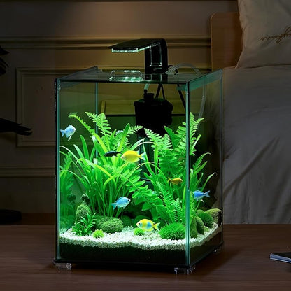 VEVOR Fish Tank Aquarium, 5 Gallon Square Ultra-Clear Glass Starter Smart Tank Adjustable 3 Color Lighting, Self Cleaning System Fishbowl for Freshwater & Saltwater Fish Home, Office, or Pet Use