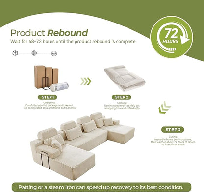 141" U-Shaped Cloud Modular Sectional Sofa with Chaise & Headrest, Boneless Deep Seat Plush Corduroy Couches for Large Living Room, No Assembly Required (White, 141" U-shapred Chaise)
