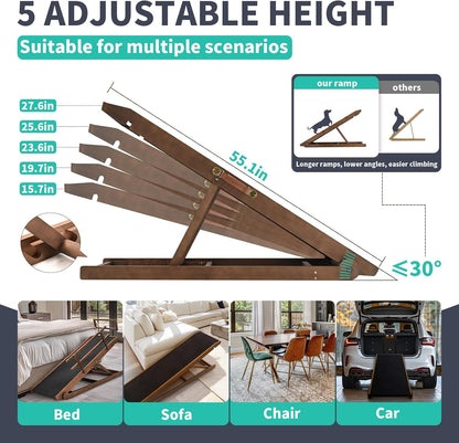 Dog Ramp, 5 Level Adjustable Height Folding Pet Ramp for High Bed, Portable Paw Ramps Large Bed Ramp for Medium & Large Old Dogs & Cats - Natural Wood Furniture Quality