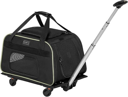 Petsfit Cat Carrier with Wheels Airline Approved, Pet Dog Carrier with Wheels for Small Dogs, Rolling Cat Carrier for Cats Puppy Stroller Detachable and Foldable Pet Travel Bag, Black&Green