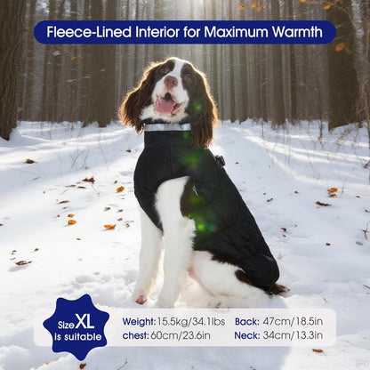 FUAMEY Dog Coat for Large Dogs,Waterproof Dog Winter Jacket with Harness Built in Puppy Cold Weather Coats Reflective Pet Vest with Zipper Warm Fleece Dogs Snowsuit Windproof Solid Black XL