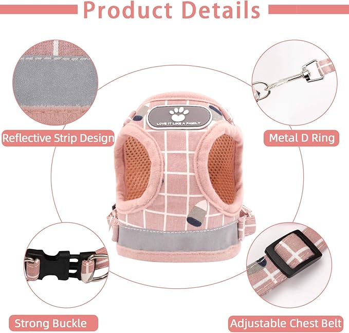 Cat Vest Harness and Small Dog Vest Harness for Walking, All Weather Mesh Harness, Cat Vest Harness with Reflective Strap, Step in Adjustable Harness for Small Cats (Pink-Pattern)