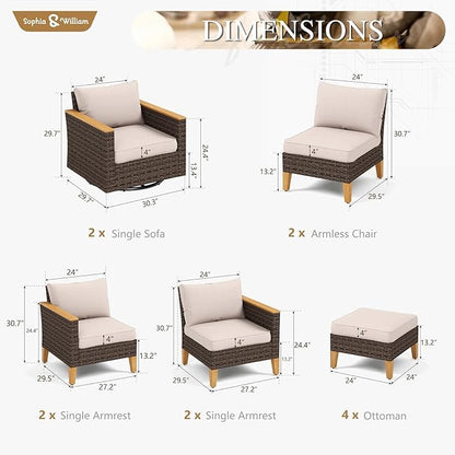 Sophia & William Patio Furniture Set with Swivel Chairs, 12 Piece Outdoor Sectional Furniture Wicker Modular Sofa Couch, Conversation Set for Deck Backyard Lawn, Beige