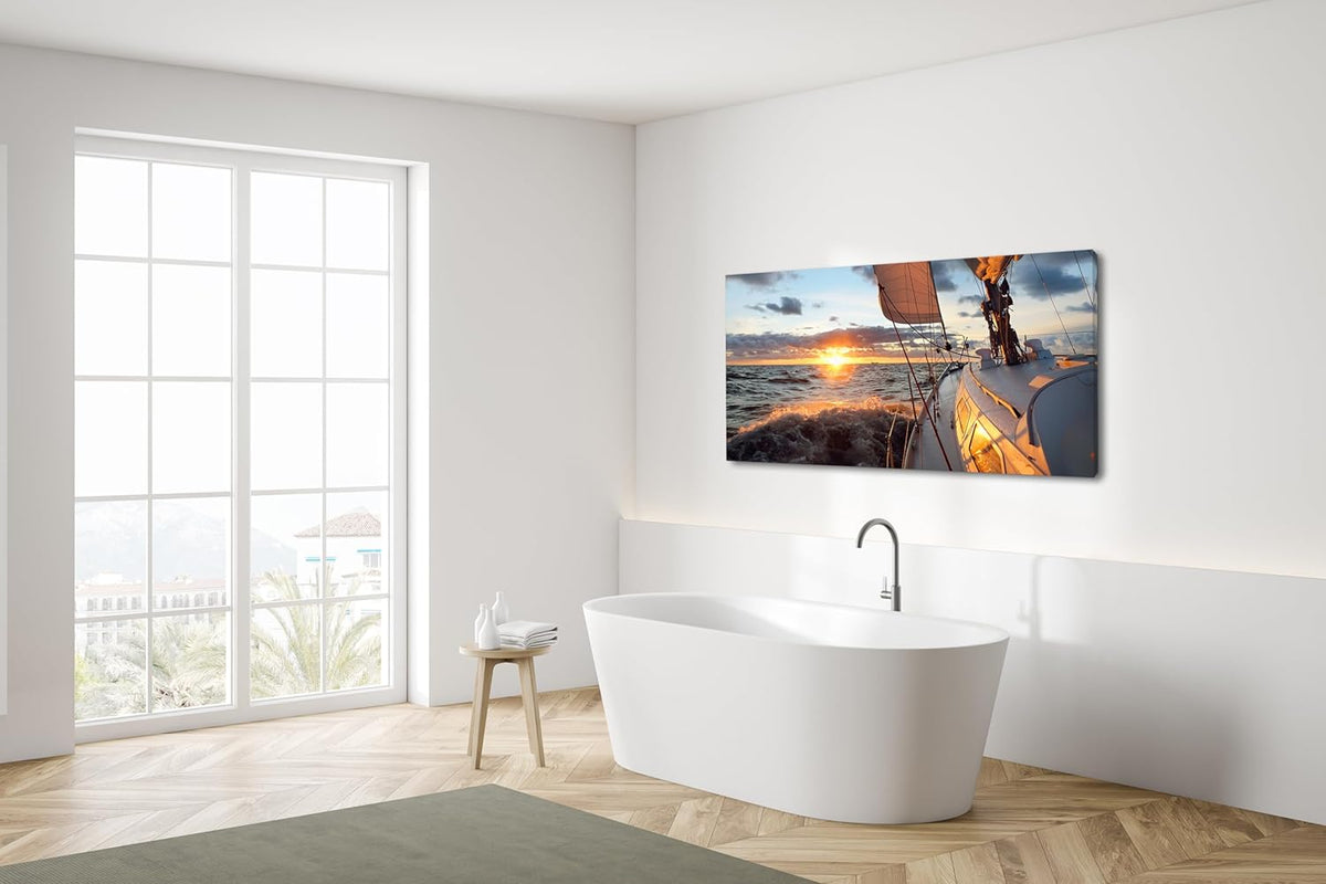 Yacht Sailing in Sea at Sunset Scenery Canvas Wall Art for Living Room Bathroom,Close-up View of Deck Mast Sails Picture Print Artwork Painting Decor,Epic Seascape Scenic Landscape,Inner Frame 24x48