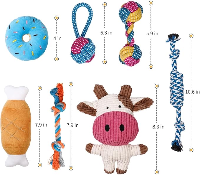 Toozey 7 Pack Small Dog Toys, Puppy Teething Toys, Durable Ropes Chew Toys, Cute Calf Squeaky Dog Toys, Non-Toxic and Safe