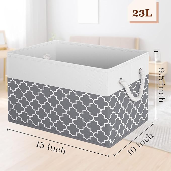 Fab totes Storage Bins [2-Pack], Foldable Storage Baskets for Organizing Toys, Books, Shelves, Closet, Large Storage Box with Rope Handles, Sturdy Organizer Bins,Clover Grey