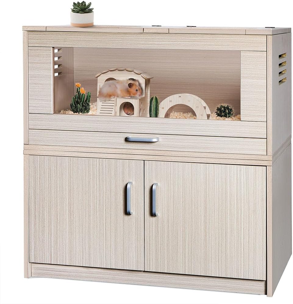 Large Hamster Cage, Wooden Hamster Cages and Habitats with Storage Cabinet and Openable Top Decorative Pet House Acrylic Panels for Hedgehog Gerbil and Rat (31.5"× 15.7"× 33.5")