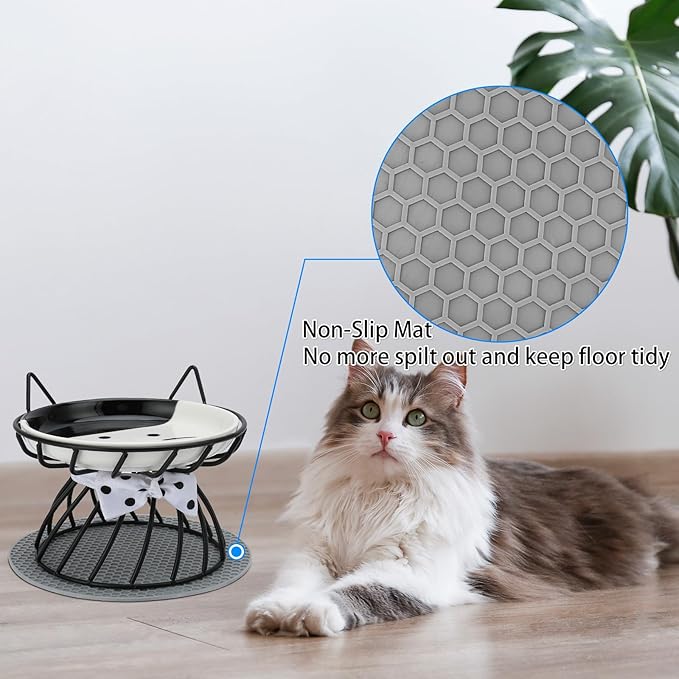 2PCS Ceramic Elevated Cat Bowls, Raised Pet Food Bowl Whisker Friendly, Anti-Vomiting Food Plate with Cute Metal Stand, Shallow Food Plate for Indoor Cat, Protects Spine