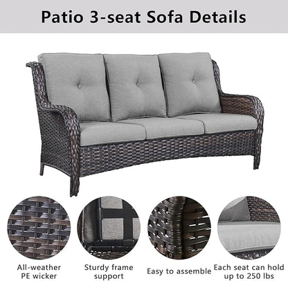 Belord 5 Piece Outdoor Patio Furniture Set - Wicker Furniture Patio Conversation Set, Outdoor Swivel Rocker Chairs with 3-Seater Sofa and 2 Ottomans for Small Space, Gray Cushion