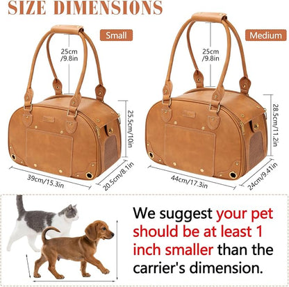 Dog Carrier Purse, Pet Carrier, Foldable Waterproof Premium PU Leather Pet Travel Portable Bag Carrier for Cat and Small Dog Home & Outdoor Small Brown