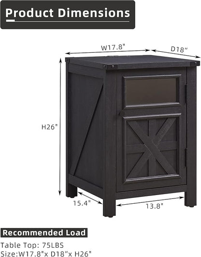 JXQTLINGMU Farmhouse End Table with Charging Station, 18'' Rustic Nightstand with Barn Door & Adjustable Shelf, Wooden Sofa Side Table with 3-Tier Storage for Living Room, Bedroom, Black