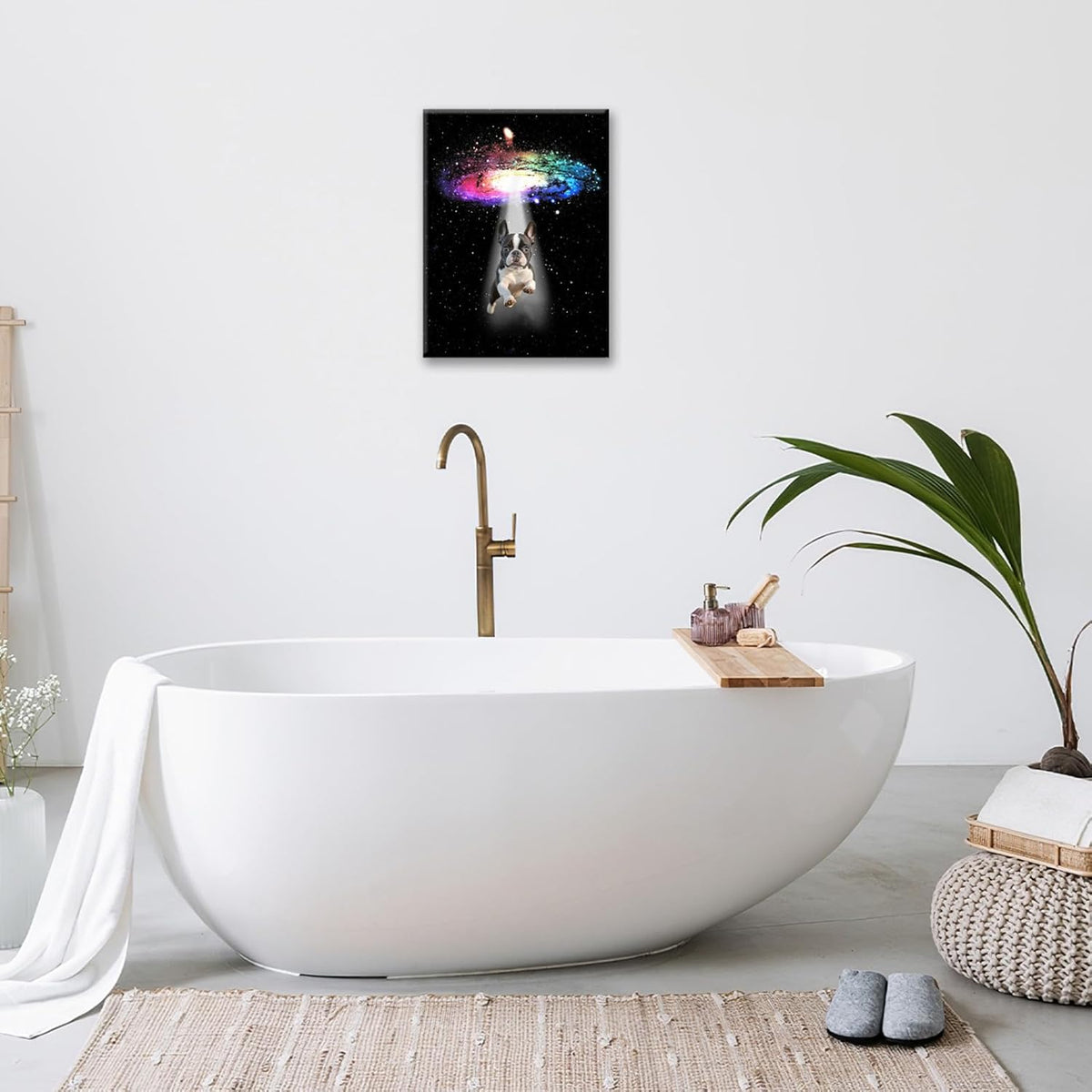 Funny Dog Wall Art Canvas Boston Terrier Wall Decor Prints Framed Painting Bulldog Galaxy Pictures Gifts Artwork for Bathroom 12"x16"