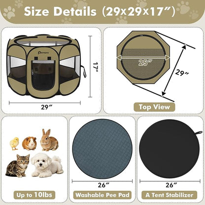 Persure Dog Cat Pet Playpen Puppy Crate Cage for Indoor Outdoor Travel | Nursing Rest Zone Recovering Pet Quarantine Room Portable Pop Up Easy to Set up lightweight Carrying Bag(Khaki with Pad,Small