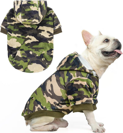 BEAUTYZOO Dog Hoodie for Small Medium Dogs Puppy, Soft Fleece Dog Sweater Cold Weather Coats with Pocket, Pet Outfits Hooded Sweatshirt Chihuahua Cat Jacket Clothing Warm Camo French Bulldog Clothes