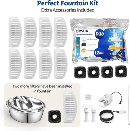 ORSDA Cat Water Fountain, 2L Stainless Steel Pet Water Fountain, Automatic Drinking Fountain Dog Water Dispenser with 12 Replacement Filters for Cats, Small Dogs