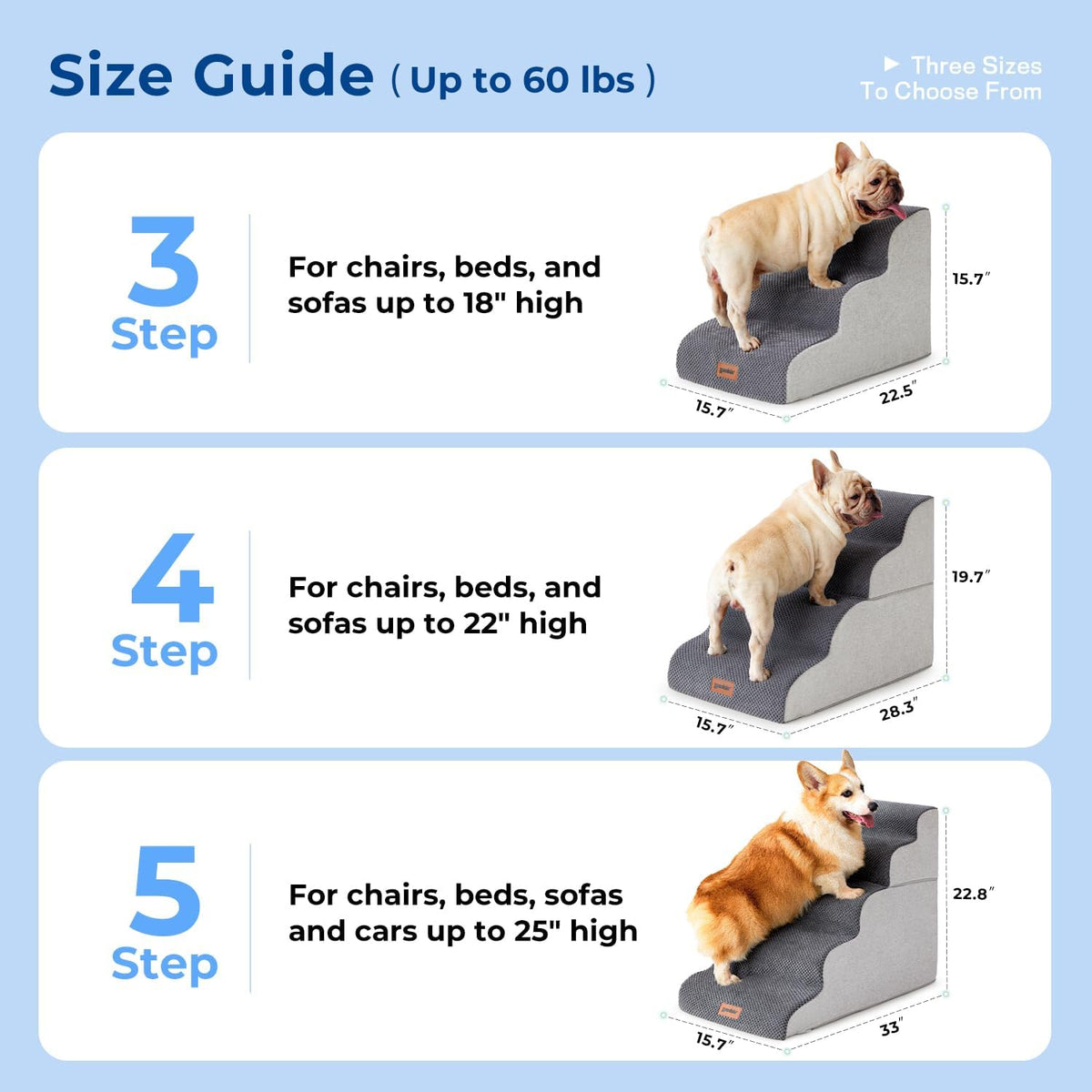 Dog Stairs Ramp for Bed 19.7" H - Pet Stairs Steps for Small to Medium Dogs to Get on Bed and Couch, 35D Foam with Non-Slip Bottom Beige, 4 Steps