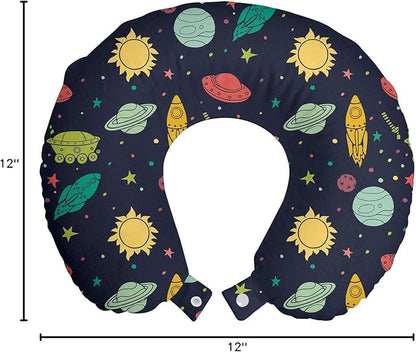 Ambesonne Outer Space Travel Pillow Neck Rest, Galaxy Themed Image with Stars Planets Spacecrafts and Rockets, Memory Foam Traveling Accessory for Airplane and Car, 12", Multicolor