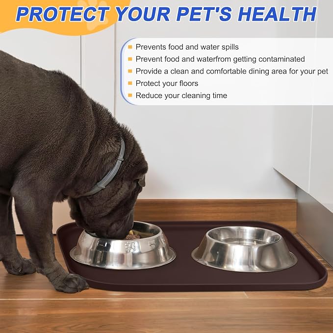 SMILOOL Waterproof Silicone Pet Food Mat with Raised Edge for Dog & Cat | 22" x 14" Non-Slip Pet Feeding Mats with Lip for Food & Water Bowl, Food Grade, Easy Cleaning, Dark Brown