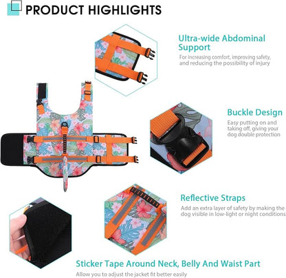 Dog Life Jacket High Flotation, Reflective Dog Life Vest for Swimming, Adjustable Dogs Life Preserver Rescue Handle Spring Summer Pool for Small, Medium, Large Dogs (HawaiiOrange,L)