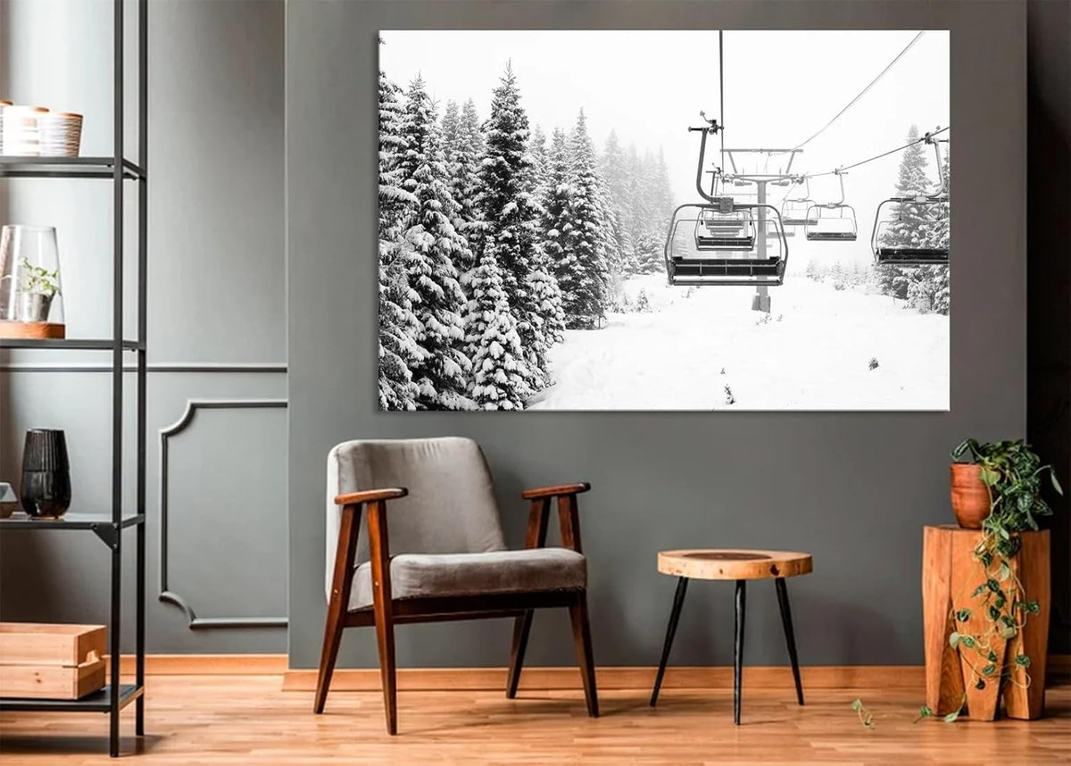 Nature Wall Art Prints - Ocean Forest Mountain Lake Canvas Landscapes - Small to Extra Large Living Room Bedroom Kitchen Bathroom Décor (Ski Lift on Snowy Mountain, 28L" x 41W")
