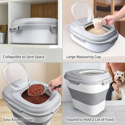 Rice Storage Bin Cereal Containers, 13-50lb Collapsible Rice Container Dispenser with Transparent Lid, Rolling Wheels, Measuring Cup and Scoop, Airtight Dog Cat Pet Food Storage Container White