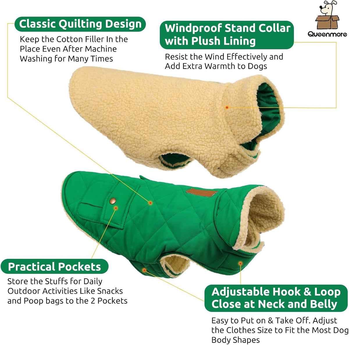 Queenmore Warm Dog Coat, Cold Weather Puffer Dog Coat Vest, Quilting Winter Pet Jacket Ultra Thick Plush Fleece Lining Pet Clothes for Dogs with Storage Pockets (Forest Green, X-Small)