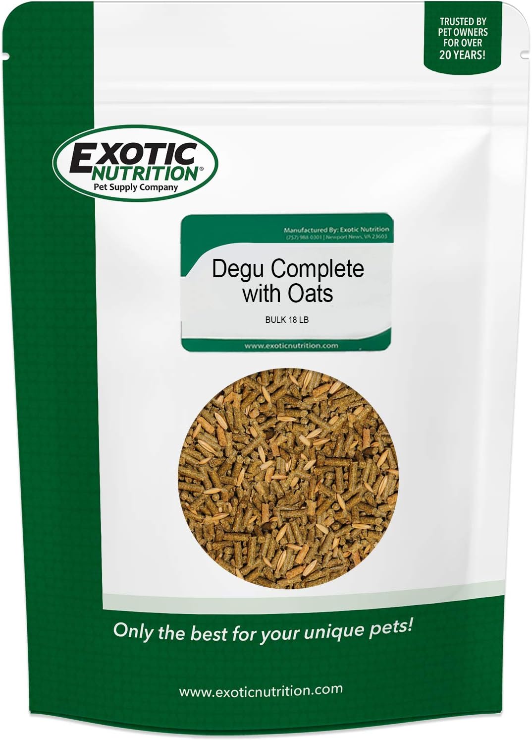 Exotic Nutrition Degu Diet (18lb) - Nutritionally Complete Healthy Pellet Diet with Whole Oats - for Domesticated Pet Degus