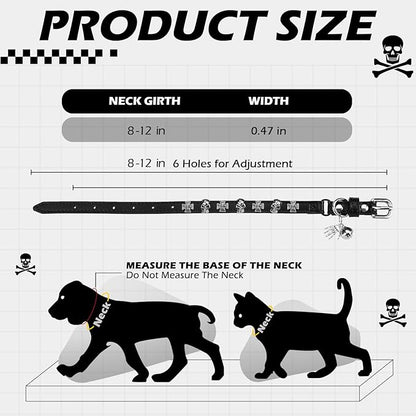 EXPAWLORER Halloween Cat Collar for Girl Boy- Adjustable Leather Pet Collar with Safety Elastic Belt,Personalized Punk Accessories Buckle Collars with Bell & Durable D-Ring, Skull(Black)