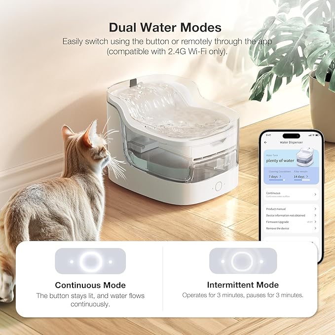 Cat Water Fountain, Automatic Water Dispenser, 2L Pet Water Fountain Transparent Water Tank, 8 Layers Filters Cat Fountain Dog Water Fountain Wireless Pump 2.4G WiFi PF1L